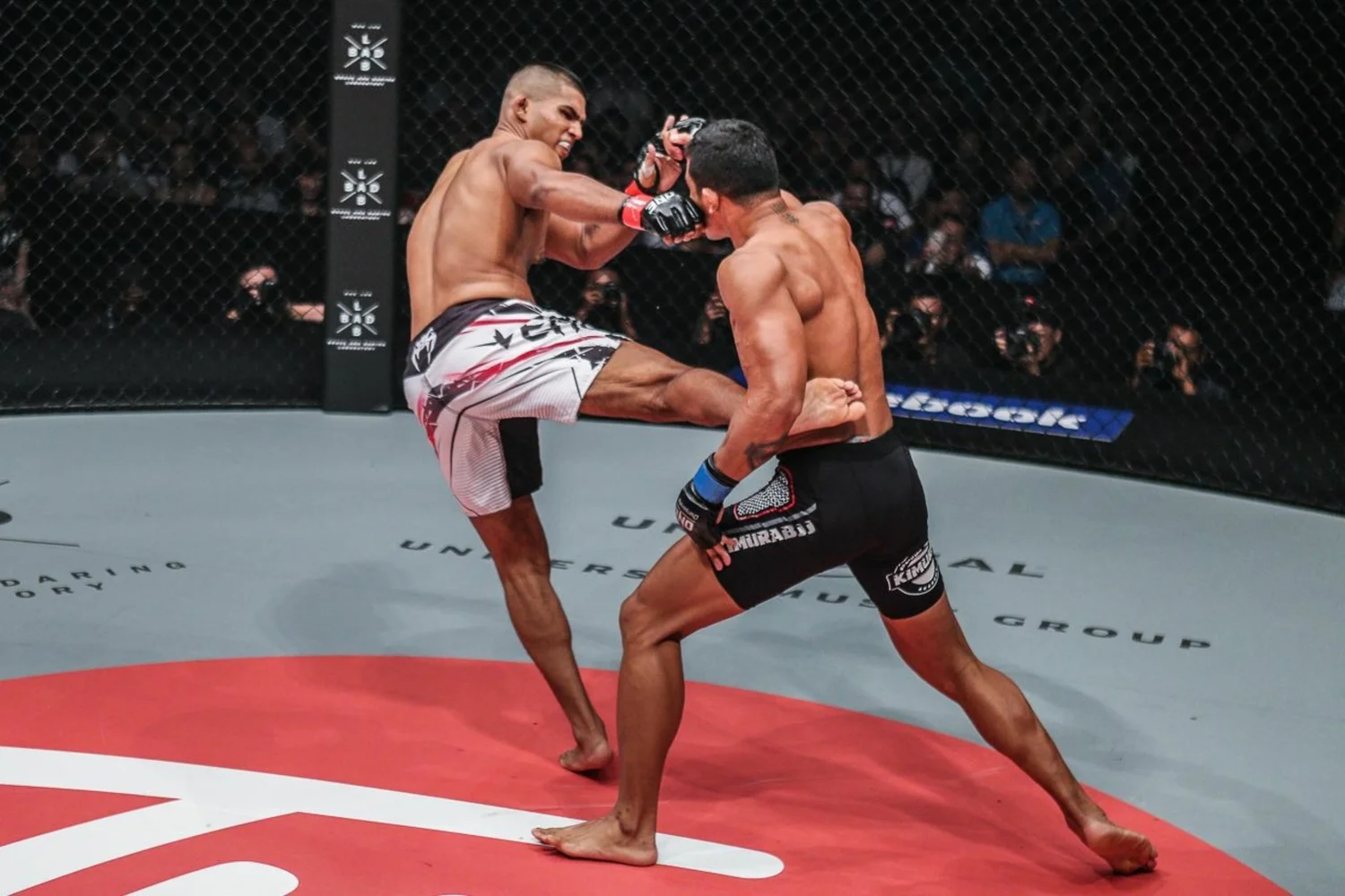 Standkampf im MMA-Käfig: Kick und Schlag gleichzeitig
