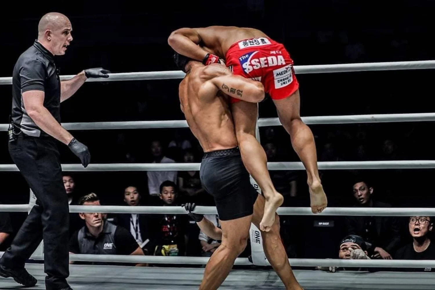 MMA-Kampf im Ring: Wurf mit Zuschauern hinter den Ringseilen