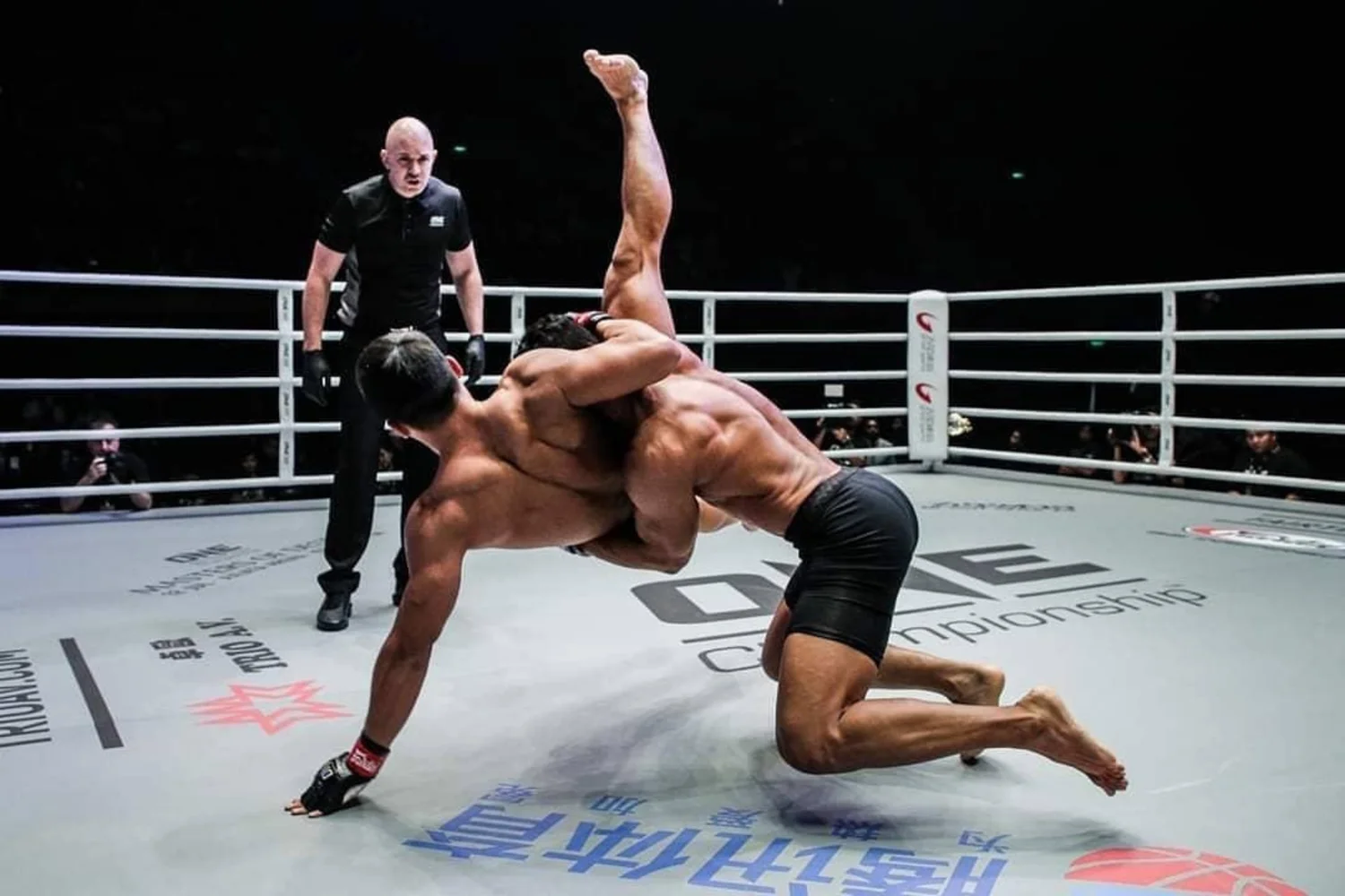 MMA-Kampf im Ring: Wurf mit Ringrichter im Hintergrund